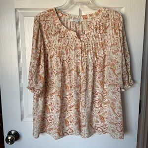 Rose + Olive orange and pink floral print blouse - L